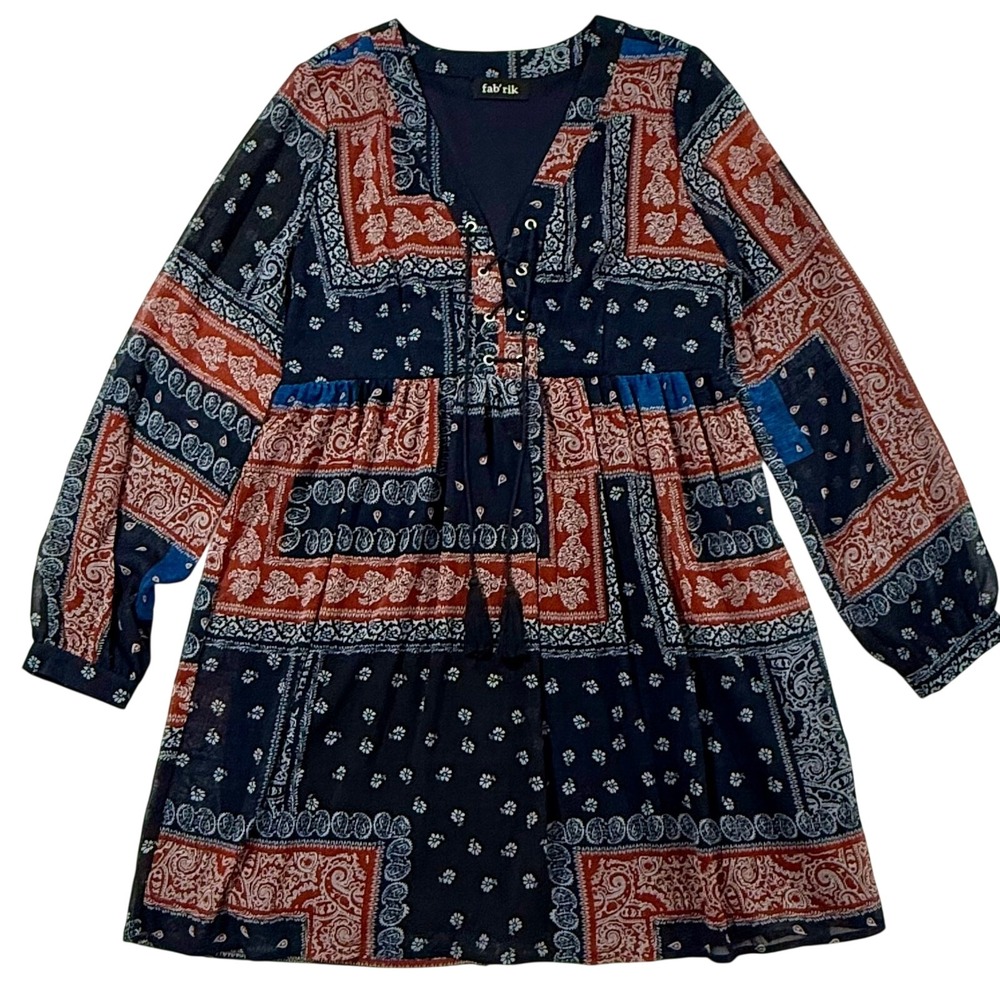 Fab'rik Women Navy Rust Patchwork Paisley Lace Up Boho Mini Dress Large W52